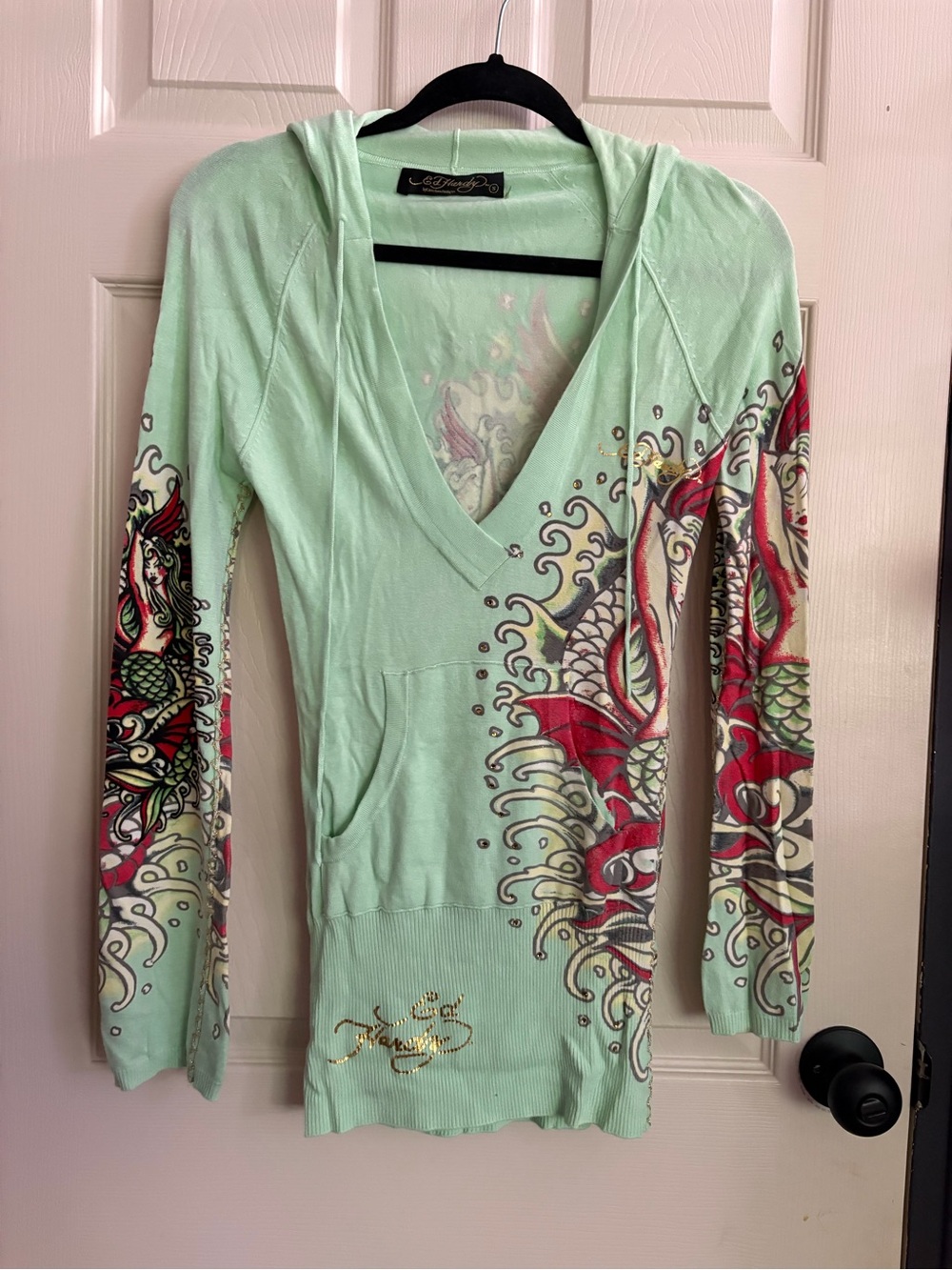 Vintage Ed Hardy Mermaid Koi Hooded Sweater Y2K Small